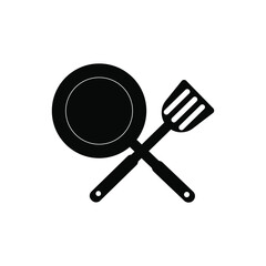 A frying pan and a spatula in a cross to cross position, isolated on a white background. Vector illustration, black silhouette, flat icon, cartoon minimal design, eps 10.