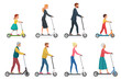 People on electric scooter set flat vector illustration. Male and female cartoon character riding ecologically clean urban vehicle. Family in formal, casual clothes using modern personal transporter