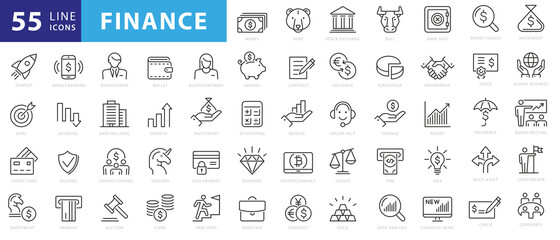 vector business and finance editable stroke line icon set with money, bank, check, law, auction, exc