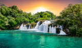 Panoramic landscape with beautiful waterfalls during the sunset in KRKA National park, Croatia.