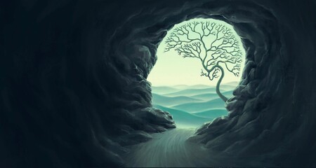 tree brain with human head cave, idea concept of think hope freedom and mind , surreal artwork, drea