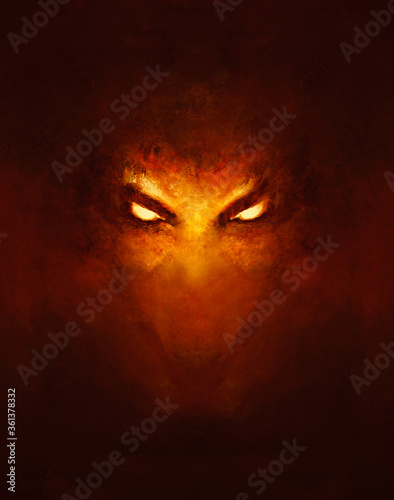 Fotografía the face of a demon with glowing eyes, in the dark - a painting