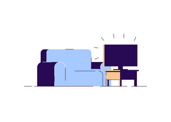 Sticker - Couch and television semi flat RGB color vector illustration. Blue sofa and TV set isolated cartoon objects on white background. Living room furnishing. Modern media recreation, movie night