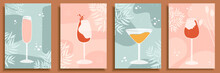 Abstract Still Life In Pastel Colors Posters. Collection Of Contemporary Art. Elements And Shapes For Social Media, Postcards, Print. Hand Drawn Glasses, Wine, Drops, Champagne, Alcohol, Cocktail.
