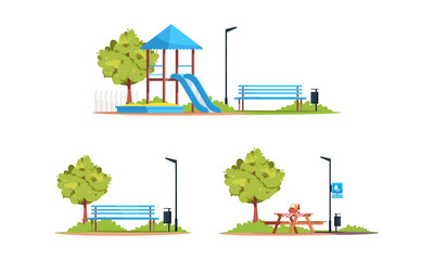 Poster - Public recreation area semi flat RGB color vector illustrations set. Outdoor playground. Picnic table with no people. Summer puting and leisure isolated cartoon objects on white background