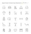 Apartment amenities linear icons set. Comfort living. House furniture and lighting. Condo building. Customizable thin line contour symbols. Isolated vector outline illustrations. Editable stroke