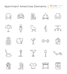 Wall Mural - Apartment amenities linear icons set. Comfort living. House furniture and lighting. Condo building. Customizable thin line contour symbols. Isolated vector outline illustrations. Editable stroke