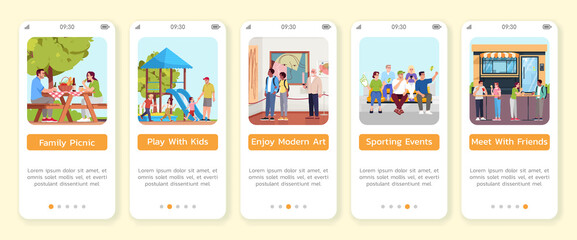 Canvas Print - Summer activities in public places onboarding mobile app screen vector template. Recreation in cities. Family picnic. Walkthrough website steps with flat characters. Smartphone cartoon UX, UI, GUI