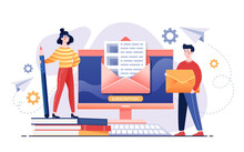 Email Services Concept With Opened Letter On A Laptop Flanked By A Young Woman With Pencil And Man Carrying An Envelope, Colored Vector Illustration