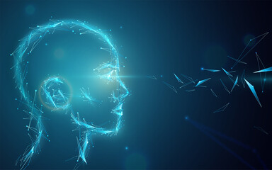 Poster - Ai concept vector background. Abstract artificial human head with eyes light. Digital future vision illustration