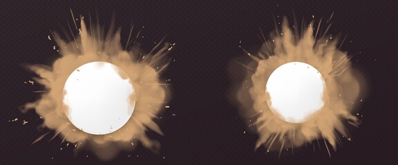 Wall Mural - dust explosion with white round banner. splashes of brown powder isolated on transparent background.