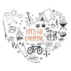 Wall Mural - lets go camping vector illustration with hand drawn camp doodles. touristic equipment, live on natur