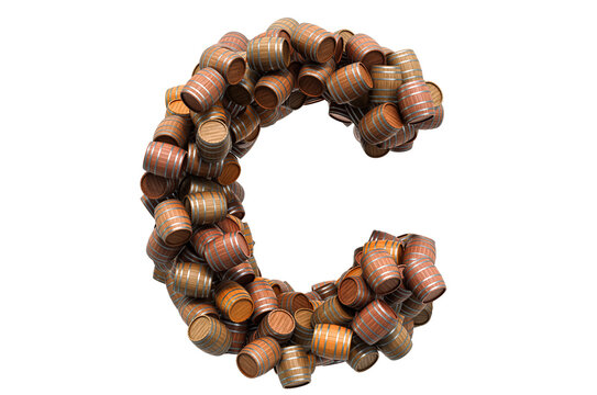 Letter C from wooden barrels, 3D rendering