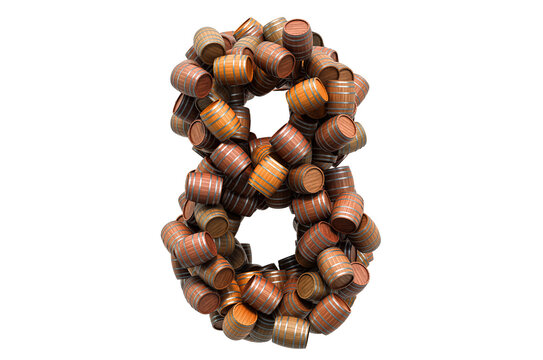 Number 8 from wooden barrels, 3D rendering