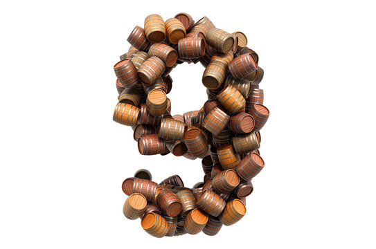 Number 9 from wooden barrels, 3D rendering