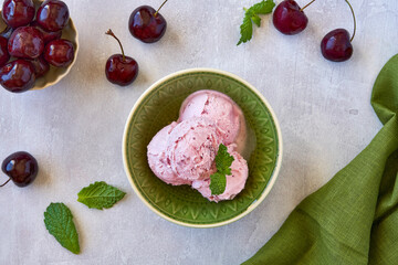 Poster - Cherry ice cream with fresh cherries. Top view