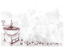 Illustration Hand Drawn Sketch Of Roasted Coffee Beans With Traditional Manual Coffee Grinder.