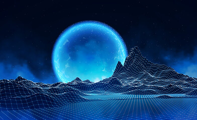 Fototapete - Abstract digital landscape with particles dots and stars on horizon. Wireframe landscape background. Big Data. 3d futuristic vector illustration. 80s Retro Sci-Fi Background