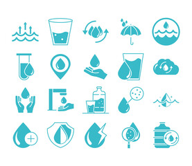 Sticker - water drops nature liquid save environment, drink, blue silhouette style icons set