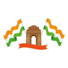 Wall Mural - india gate, famous monument with flags of india and ribbon