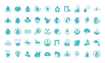 Sticker - water drops nature liquid save environment, drink, blue silhouette style icons set