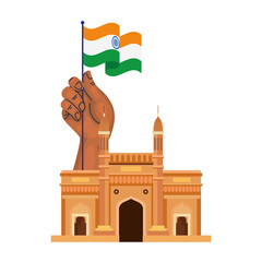 Poster - gateway, famous monument and hand with flag india