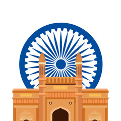 Sticker - gateway, famous monument with blue ashoka wheel indian symbol