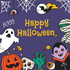 Wall Mural - Cute Halloween greeting card with halloween cartoon characters