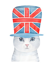 Watercolour Illustration Of Cute British Cat Wearing Huge Cylinder Hat With National Union Jack Pattern. Hand Painted Water Color Graphic Drawing, Cutout Clip Art Element For Design, Poster, Postcard.