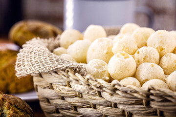 Basket with crispy manioc flour cookies. Brazilian biscuit called polvilho biscuit, gum or wind biscuit.