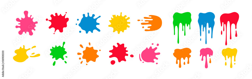 Paint splatter colorful set. Round splash flat collection, decorative shapes liquids. Different splashes and drops, cartoon spatters. Stain colored ink collection. Isolated vector illustration - obrazy, fototapety, plakaty 