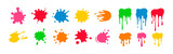 Fototapeta  - Paint splatter colorful set. Round splash flat collection, decorative shapes liquids. Different splashes and drops, cartoon spatters. Stain colored ink collection. Isolated vector illustration