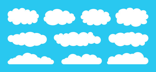 Wall Mural - Cloud set flat cartoon style. Abstract elements, white cloudy collection. Label, symbol, shape different clouds sky. Symbol for website design, logo or app. Isolated on blue vector illustration