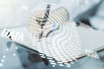 Aufkleber - Double exposure of abstract creative fingerprint hologram with man hand writing in notepad on background, protection of personal information concept