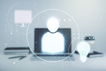 Aufkleber - Social network concept with modern laptop on background. Multiexposure