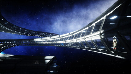 Wall Mural - alone astronaut in futuristic space corridor, room. view of the earth. 3d rendering.
