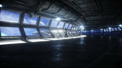 Wall Mural - people in futuristic space corridor, room. view of the earth. cinematic 4k footage.