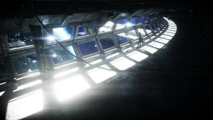 Wall Mural - people in futuristic space corridor, room. view of the earth. cinematic 4k footage.