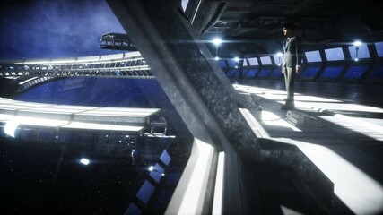 Wall Mural - people in futuristic space corridor, room. view of the earth. cinematic 4k footage.