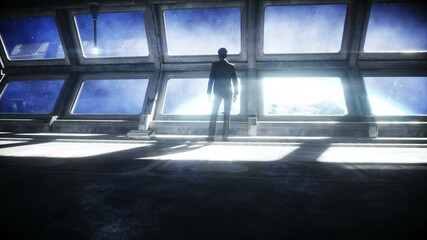 Wall Mural - people in futuristic space corridor, room. view of the earth. cinematic 4k footage.