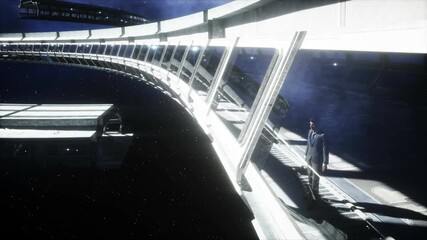 Wall Mural - people in futuristic space corridor, room. view of the earth. cinematic 4k footage.