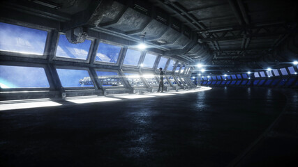 Wall Mural - people in futuristic space corridor, room. view of the earth. 3d rendering.