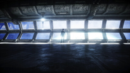 Wall Mural - people in futuristic space corridor, room. view of the earth. 3d rendering.