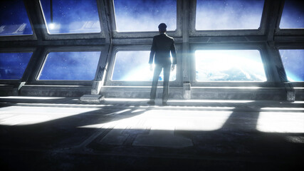 Wall Mural - people in futuristic space corridor, room. view of the earth. 3d rendering.