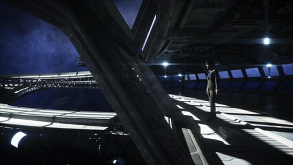 Wall Mural - people in futuristic space corridor, room. view of the earth. 3d rendering.