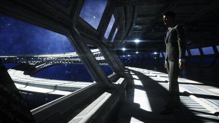 Wall Mural - people in futuristic space corridor, room. view of the earth. 3d rendering.