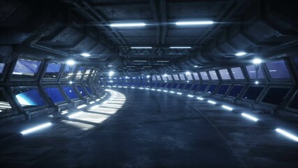 Wall Mural - futuristic space corridor, tunnel. flight view of the earth. cinematic 4k animation.