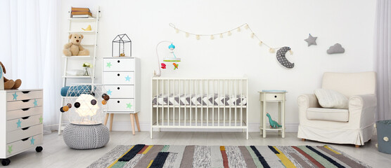 Poster - Baby room interior with comfortable crib. Banner design
