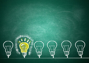 Idea concept. Light bulbs drawn on green chalkboard