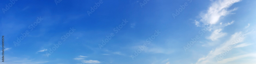 Blue sky panorama with cloud on a sunny day. Beautiful 180 degree panoramic image. - obrazy, fototapety, plakaty 